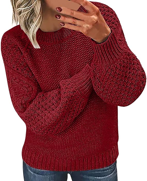 Cable Knit Long Sleeve Crewneck Sweaters Casual Loose Pullover Sweater Solid Color Fashion Fall Winter Outfit