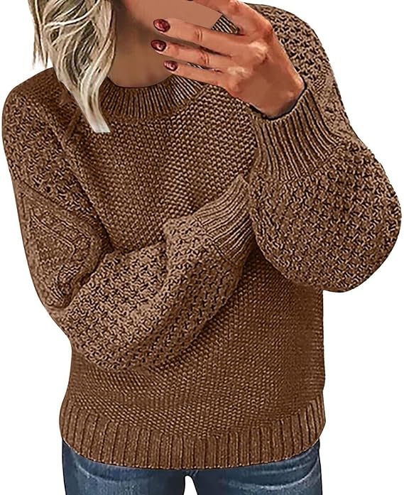 Cable Knit Long Sleeve Crewneck Sweaters Casual Loose Pullover Sweater Solid Color Fashion Fall Winter Outfit